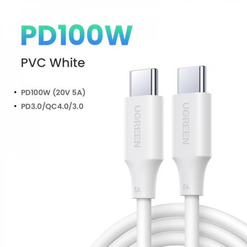 Кабел UGREEN US300, USB-C към USB-C, 5A, 100W, 2m, Бял