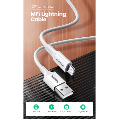 Кабел UGREEN US155, USB-A към Lightning, MFI, 1m, Бял