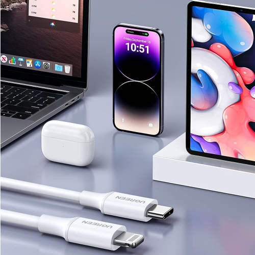 Кабел UGREEN US171, USB-C към Lightning, MFI, 1m, Бял