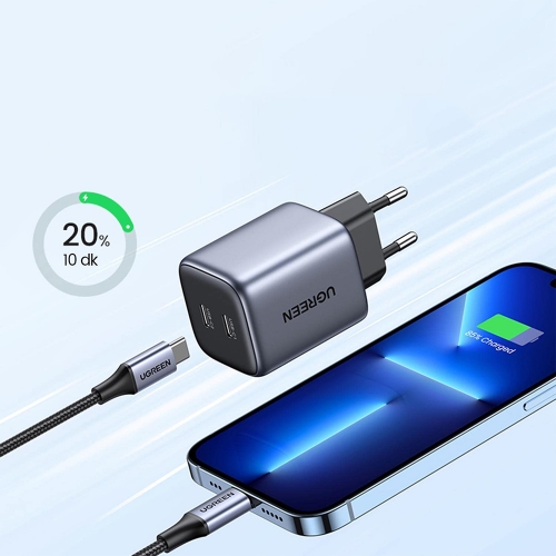 Зарядно UGREEN CD294, 220V, 2xUSB-C, GaN, 45W, PD, NEXOD, Черен
