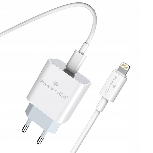 Зарядно 220V Prestico F8S L 20W, PD, с кабел USB-C към Lightning, Бял