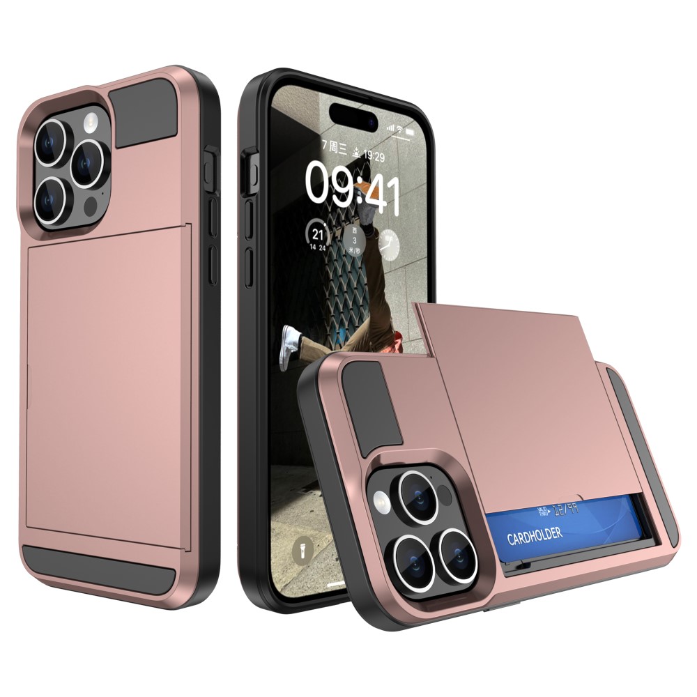 Удароустойчив калъф Sliding Card за iPhone 15, Розово-Златист
