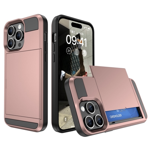 Удароустойчив калъф Sliding Card за iPhone 15, Розово-Златист