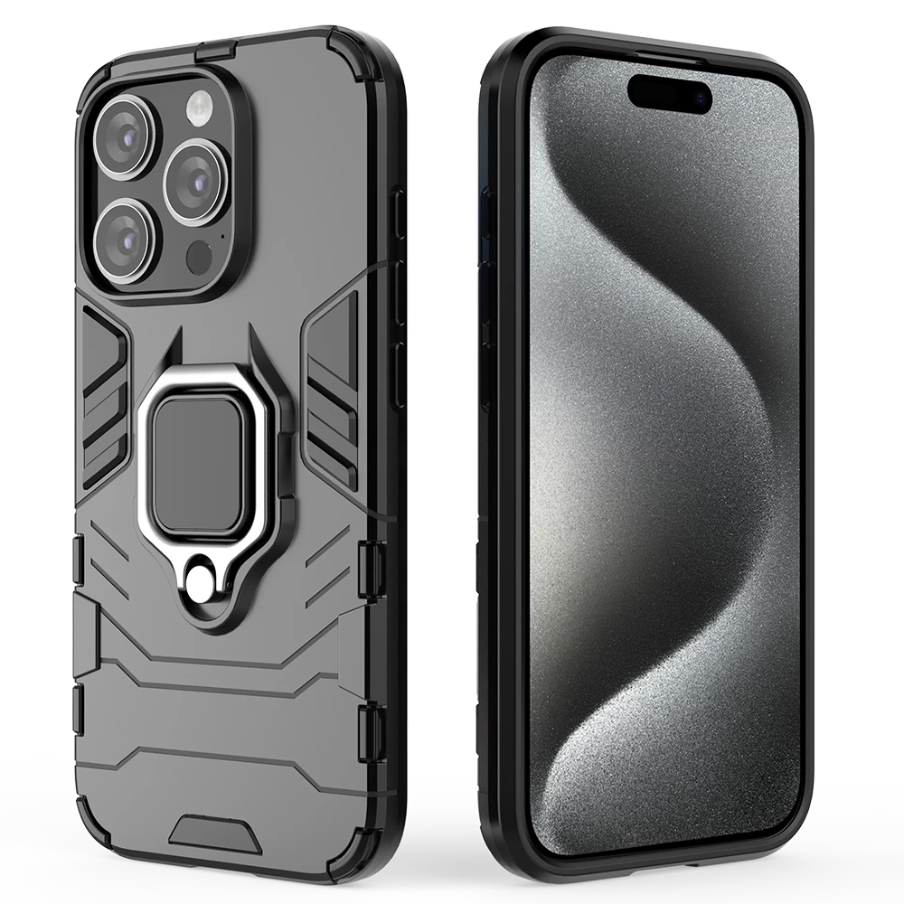 Удароустойчив Калъф с Поставка за iPhone 15 Pro, Черен