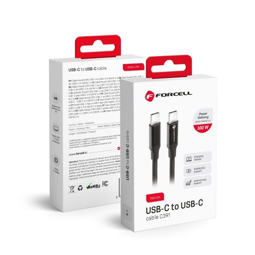 Кабел FORCELL C391, Type C - Type C, 1m, QC4.0, 5A/20V, PD100W, E-mark, 4K,Thunderbolt, 20Gbit/s, Черен