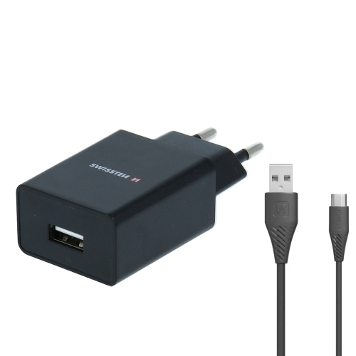 Зарядно Swissten, SMART IC, 1x USB, 1A, с кабел USB към TYPE C, 1,2 M, Черен