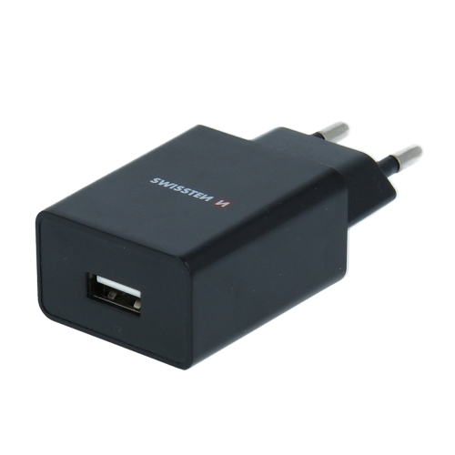 Зарядно Swissten, SMART IC, 1x USB, 1A, с кабел USB към TYPE C, 1,2 M, Черен