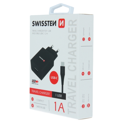 Зарядно Swissten, SMART IC, 1x USB, 1A, с кабел USB към TYPE C, 1,2 M, Черен