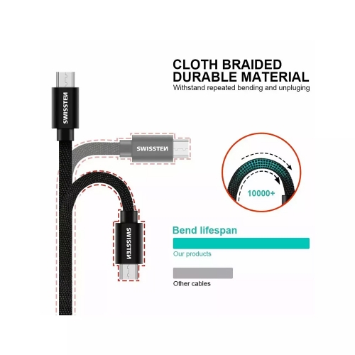 Кабел SWISSTEN TEXTILE, USB към MICRO USB, 0.2 M, Черен