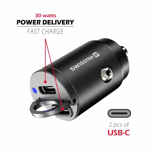 Зарядно за кола 12V-24V SWISSTEN, PD, 30W, 2xUSB-C, Nano, Черен