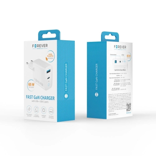 Зарядно 220V Forever GaN TC-06-65AC QC, 1xUSB, 1xUSB-C, 65w, Бял