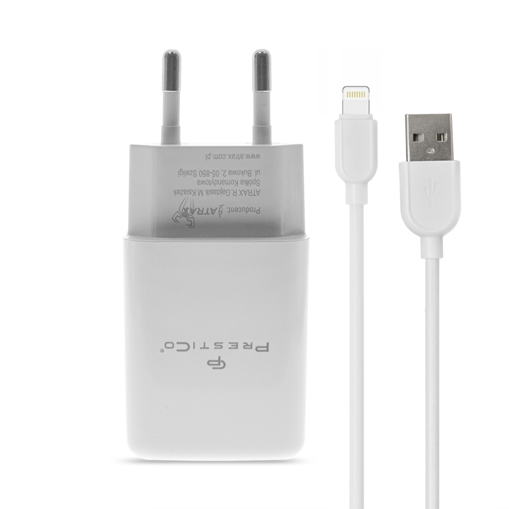 Зарядно 220V Prestico F7S, 1xUSB, с кабел Lightning, 2.4A, Бял