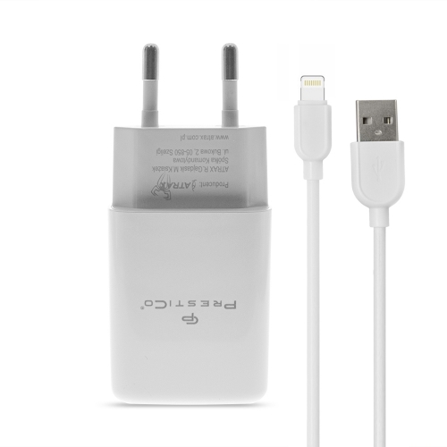 Зарядно 220V Prestico F7S, 1xUSB, с кабел Lightning, 2.4A, Бял