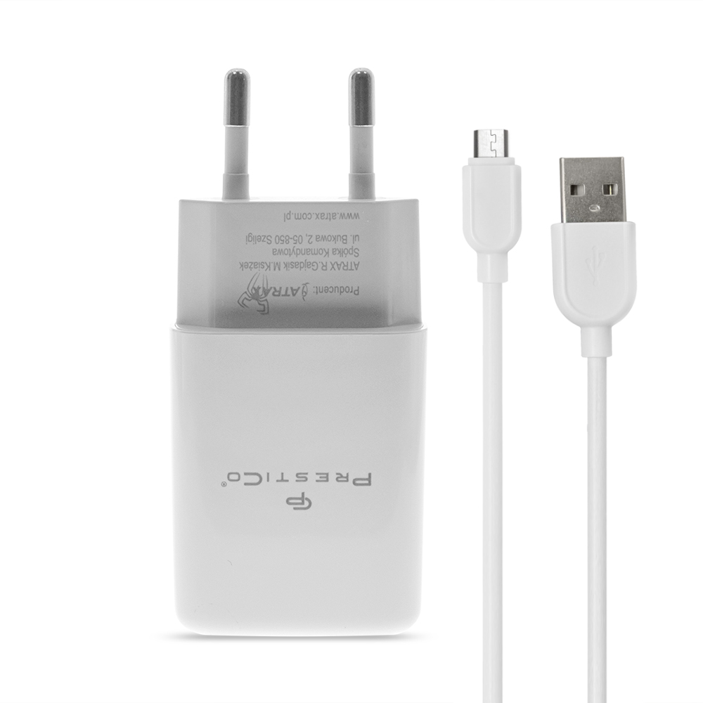 Зарядно 220V Prestico F7S 1xUSB, кабел USB към Micro USB, 2.4A, Бял