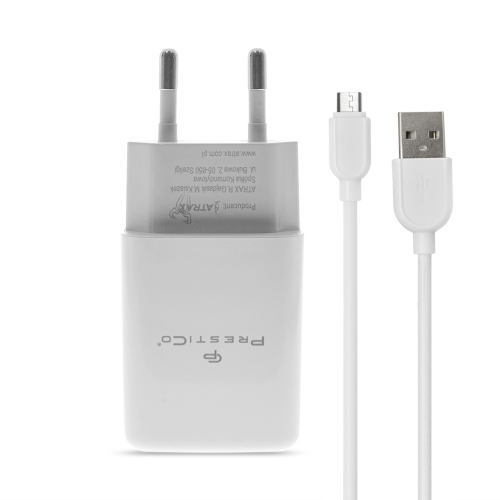 Зарядно 220V Prestico F7S 1xUSB, кабел USB към Micro USB, 2.4A, Бял