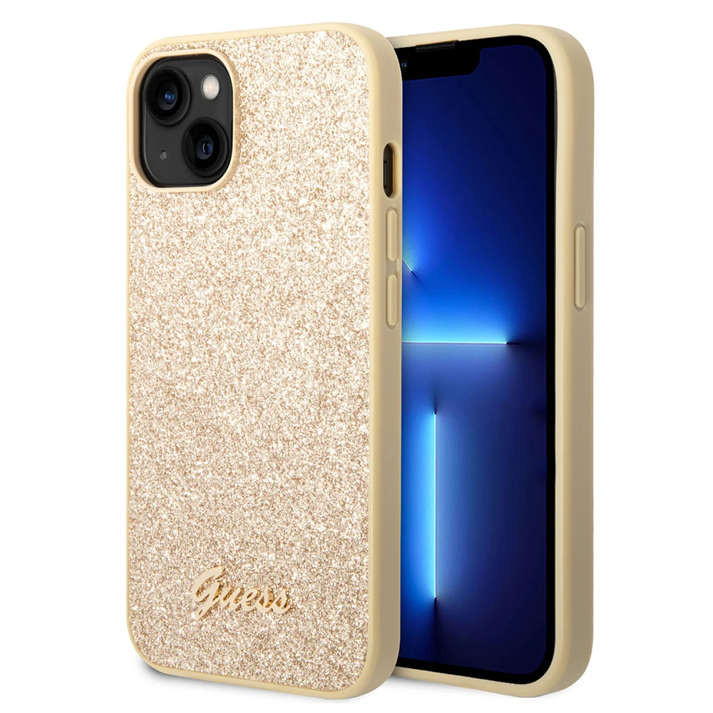 Калъф GUESS, Glitter Flakes Metal Logo за iPhone 14 Plus, GUHCP14MHGGSHD, Златист