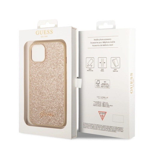 Калъф GUESS, Glitter Flakes Metal Logo за iPhone 14 Plus, GUHCP14MHGGSHD, Златист