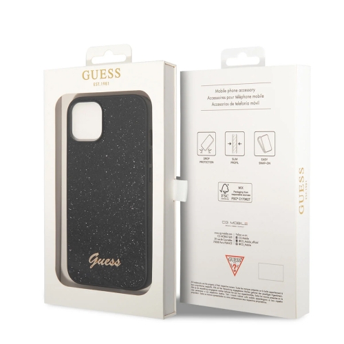 Калъф GUESS, Glitter Flakes Metal Logo за iPhone 14 Plus, GUHCP14MHGGSHK, Черен