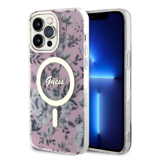 Калъф GUESS, Flowers IML MagSafe Compatible за iPhone 14 Pro, GUHMP14LHCFWSP, Розов цвят