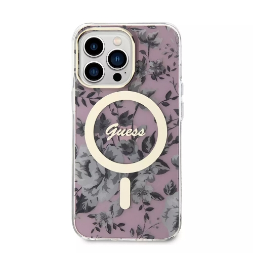 Калъф GUESS, Flowers IML MagSafe Compatible за iPhone 14 Pro, GUHMP14LHCFWSP, Розов цвят