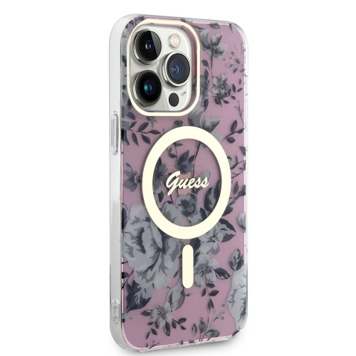 Калъф GUESS, Flowers IML MagSafe Compatible за iPhone 14 Pro, GUHMP14LHCFWSP, Розов цвят