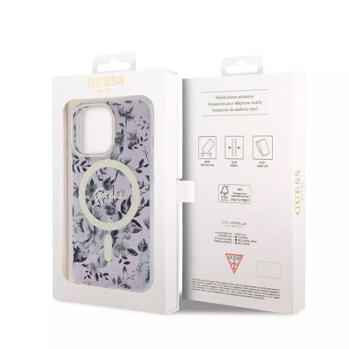 Калъф GUESS, Flowers IML MagSafe Compatible за iPhone 14 Pro, GUHMP14LHCFWSP, Розов цвят