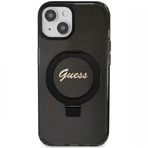 Калъф GUESS, IML Ring Stand Glitter MagSafe за iPhone 15, GUHMP15SHRSGSK, Черен