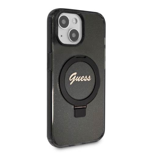 Калъф GUESS, IML Ring Stand Glitter MagSafe за iPhone 15, GUHMP15SHRSGSK, Черен