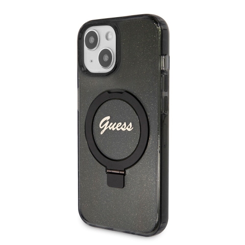 Калъф GUESS, IML Ring Stand Glitter MagSafe за iPhone 15, GUHMP15SHRSGSK, Черен