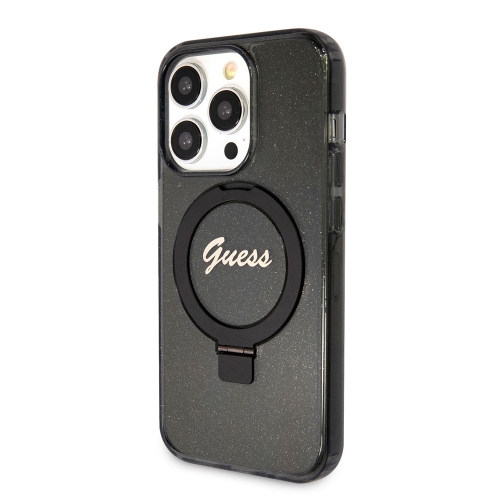 Калъф GUESS, IML Ring Stand Glitter MagSafe за iPhone 15 Pro, GUHMP15LHRSGSK, Черен