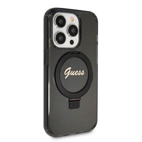 Калъф GUESS, IML Ring Stand Glitter MagSafe за iPhone 15 Pro, GUHMP15LHRSGSK, Черен