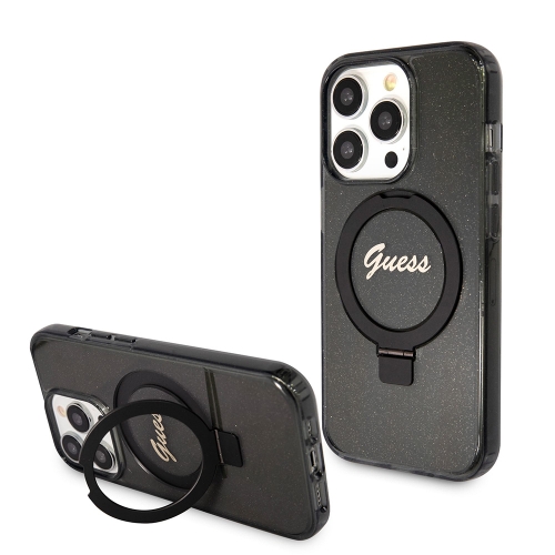 Калъф GUESS, IML Ring Stand Glitter MagSafe за iPhone 15 Pro, GUHMP15LHRSGSK, Черен