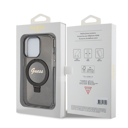 Калъф GUESS, IML Ring Stand Glitter MagSafe за iPhone 15 Pro, GUHMP15LHRSGSK, Черен