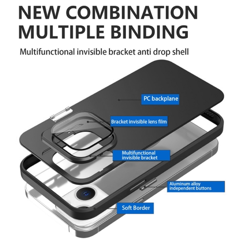 Удароустойчив калъф Kickstand за iPhone 15, Lens Frame, Черен