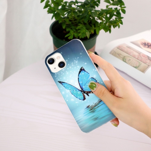 Силиконов калъф Noctilucent за iPhone 15, Светеща синя пеперуда