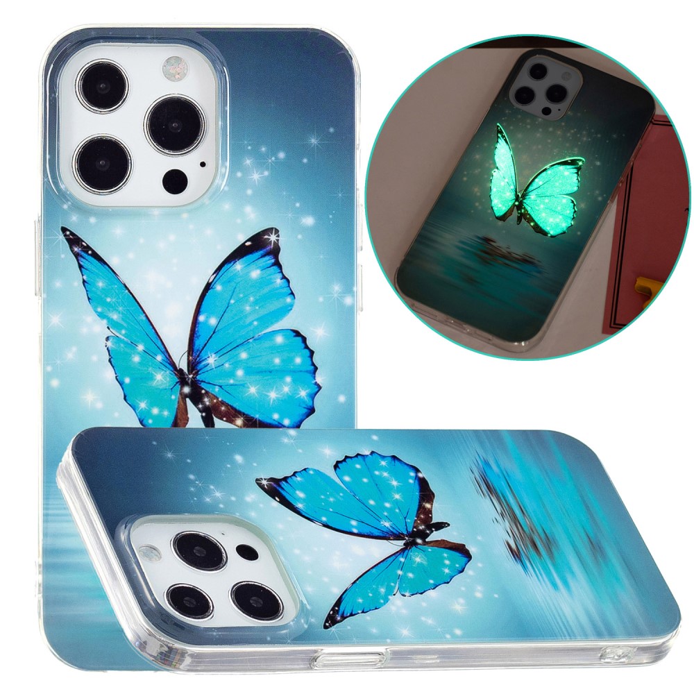 Силиконов калъф Noctilucent за iPhone 15 Pro Max, Светеща синя пеперуда