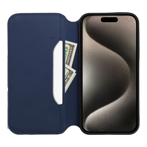 Калъф тефтер Dual Pocket за iPhone 15 Pro, Син