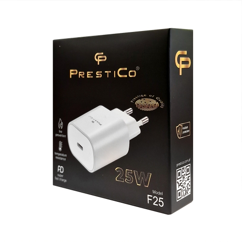 Зарядно 220V Prestico F25, USB-C, PD, 25W, Бял