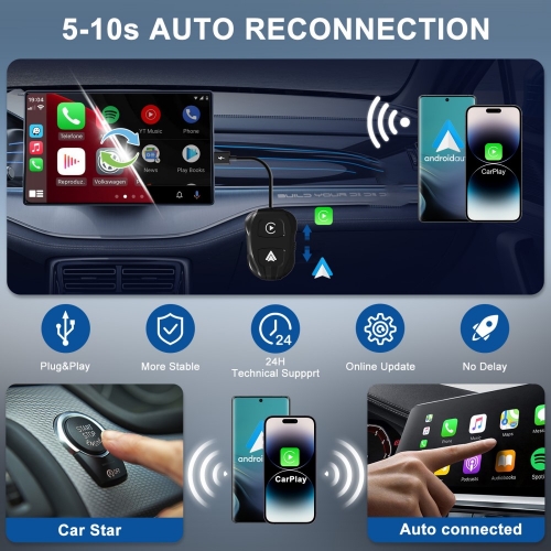 Безжичен Carplay Android Auto адаптер THT-020-9, Черен