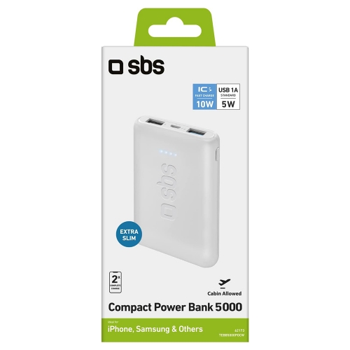 Универсална външна батерия SBS POWER BANK, 5 000mAh, 2xUSB A, Бял