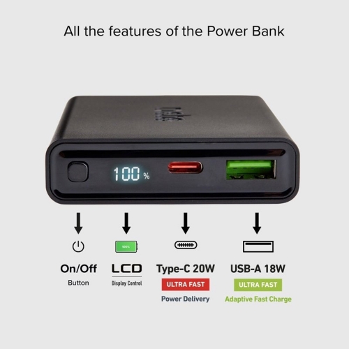 Универсална външна батерия SBS POWER BANK 10 000mAh,1x USB-C ,1xUSB-A, PD 20W, LCD, Черен