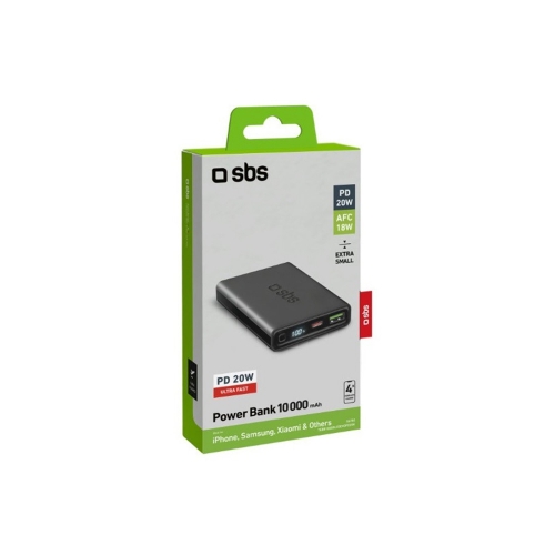 Универсална външна батерия SBS POWER BANK 10 000mAh,1x USB-C ,1xUSB-A, PD 20W, LCD, Черен