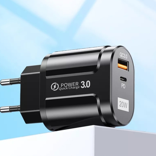 Зарядно 220V Techsuit CHPD038, 20W, QC 3.0, USB-A, USB-C, Черен