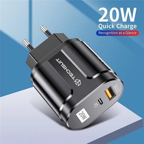Зарядно 220V Techsuit CHPD038, 20W, QC 3.0, USB-A, USB-C, Черен