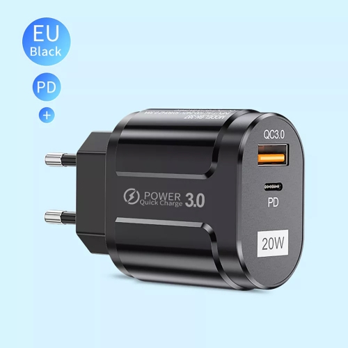Зарядно 220V Techsuit CHPD038, 20W, QC 3.0, USB-A, USB-C, Черен