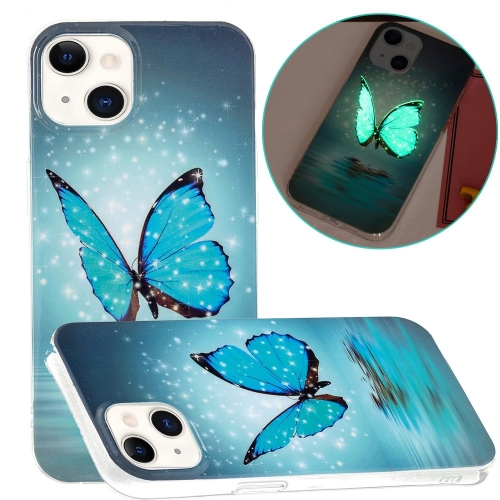 Силиконов калъф Noctilucent за iPhone 15 Plus, Светеща синя пеперуда