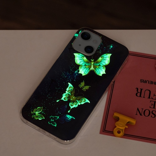 Силиконов калъф Noctilucent за iPhone 15 Plus, Светеща цветна пеперуда