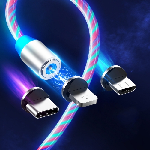 Кабел за зареждане Techsuit 3in1, LED Flowing Magnetic, USB към Type-C, Lightning, Micro USB, 1m, Бял
