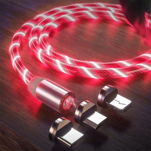 Кабел за зареждане Techsuit 3in1, LED Flowing Magnetic, USB към Type-C, Lightning, Micro USB, 1m, Червен