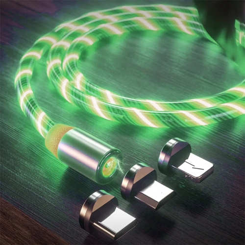Кабел за зареждане Techsuit 3in1, LED Flowing Magnetic, USB към Type-C, Lightning, Micro USB, 1m, Зелен